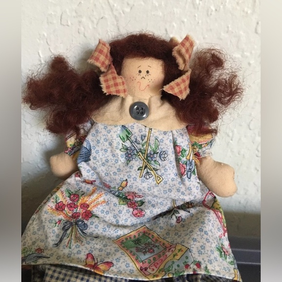 primitive Handmade Country Girl 10” Rag Doll With A Flowers & Seed Dress - Picture 2 of 4